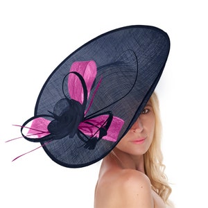 Caprilite 41cm Mix Saucer Sinamay Navy Dark Blue Fuchsia Fascinator On Headband Wedding Derby Ascot Races Ladies Hat Large