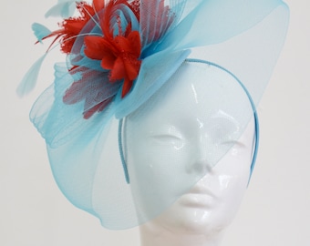 Big Light Turquoise Blue and Red Fascinator Hat Veil Net Hair Clip Ascot Derby Races Wedding Headband Feather Flower