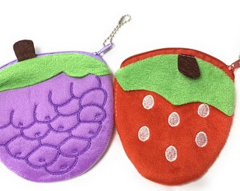 2 Cute Girls Soft Plush Fruit Coin Wallet Pouch Money Purse Party Bag Filler Gift Set - Strawberry and Grape