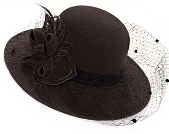 Coffee Dark Brown Large Brim Felt Fedora Formal Hat Wool Mix Occasion Birdcage Veil Netting Hatinator Fascinator