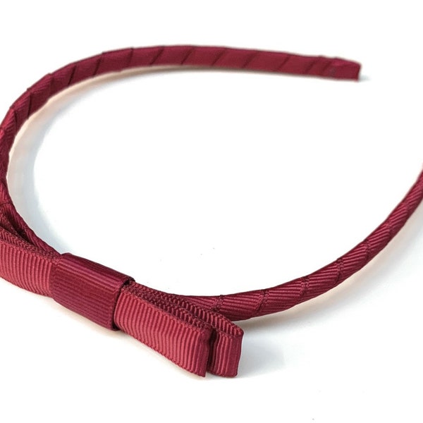 Girls Kids Classic Bow on Headband - Grosgrain Ribbon Alice Band - Burgundy Wine Red