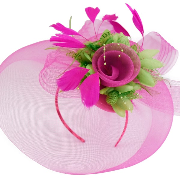 Caprilite Fuchsia Hot Pink and Lime Green Fascinator Hat Veil Net Hair Clip Ascot Derby Races Wedding Headband Feather Flower