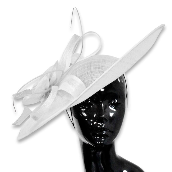 Caprilite 41 cm soucoupe Sinamay blanc bibi sur bandeau mariage Derby Ascot courses dames chapeau grand