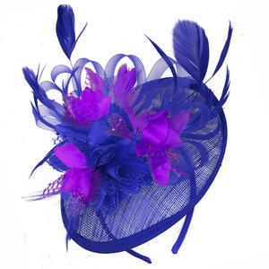 Caprilite Blue and Cadbury Purple Sinamay Disc Saucer Fascinator Hat for Women Weddings Headband