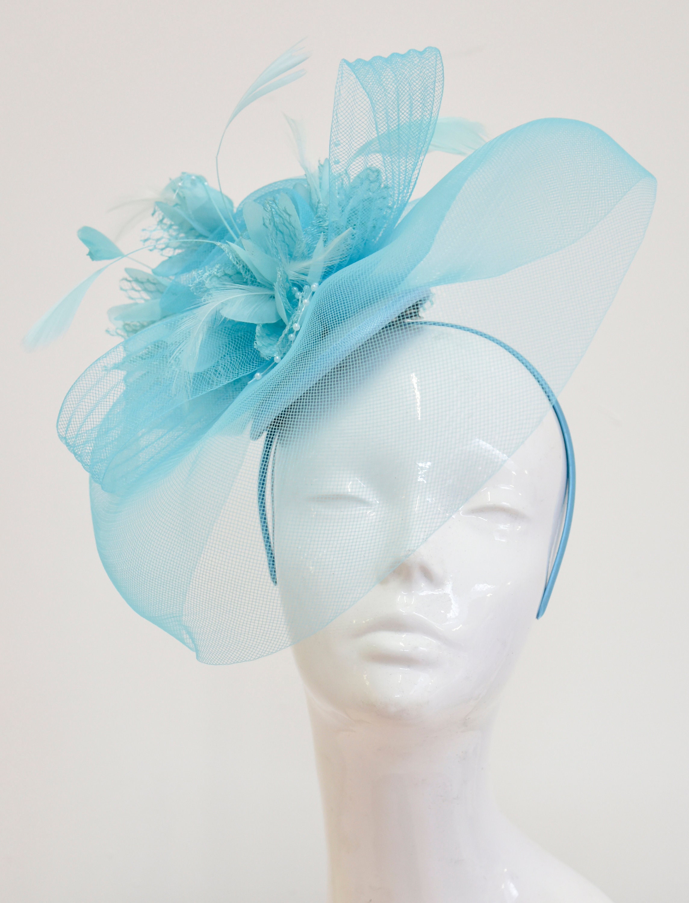 Turquoise Teal Navy Fascinator on Headband UK Wedding Ascot Races Loop Cream Turquoise Teal Navy Fascinator on Headband UK Wedding Ascot Races Loop Cream