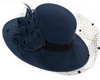 Navy Large Brim Felt Fedora Formal Hat Wool Mix Occasion Birdcage Veil Netting Hatinator Fascinator