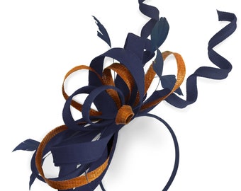 Caprilite Navy and Burnt Orange Wedding Swirl Fascinator Headband  Alice Band Ascot Races Loop Net