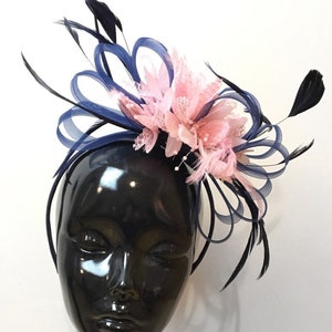 Caprilite Navy Blue Hoop & Baby Pink Feathers Fascinator On Headband for Weddings derby Ascot Races Women