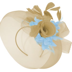 Caprilite Beige Camel and Baby Blue Fascinator Hat Veil Net Hair Clip Ascot Derby Races Wedding Headband Feather Flower