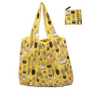 Handmade Extra Large Reusable Foldable Ladies Grocery Shopping Bag Eco Tote Handbag Fold Away Bag UK - Yellow Cactus