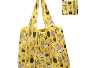 Handmade Extra Large Reusable Foldable Ladies Grocery Shopping Bag Eco Tote Handbag Fold Away Bag UK - Yellow Cactus