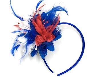 Caprilite Union Jack Blue Red White Fascinator on Headband Alice Band Flower Corsage Royal Wedding Party