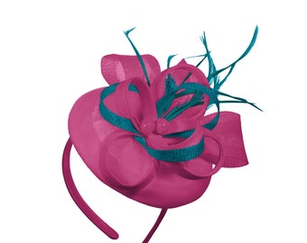 Round Fuchsia and Teal Pillbox Mix Bow Sinamay Headband Fascinator Weddings Ascot Hatinator Races