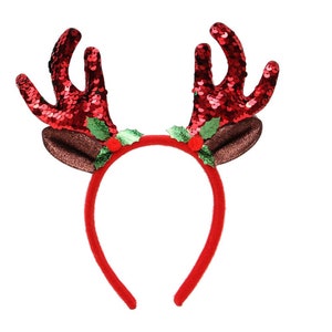 Christmas Antlers Red Sparkling Sequins Brown Reindeer Rainbow Party Headband