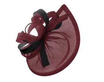 Caprilite Vegan MoonMix Hoop Fascinator Hat on Headband Wedding Ascot Races Bespoke Sinamay Disc - Burgundy Black