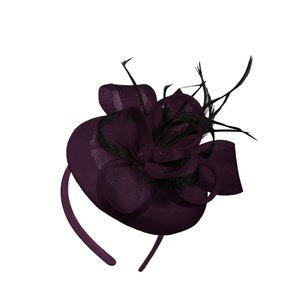 Round Plum and Black Mix Bow Sinamay Headband Fascinator Weddings Ascot Hatinator Races