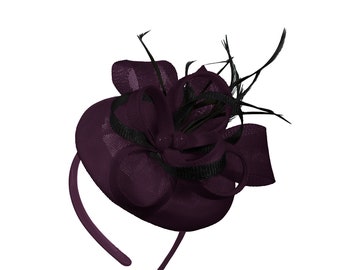 Round Plum and Black Mix Bow Sinamay Headband Fascinator Weddings Ascot Hatinator Races