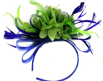 Caprilite Royal Blue and mint Lime Green Feathers Fascinator on Headband Ascot Wedding