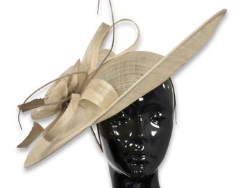 Caprilite 41cm Platillo Sinamay Taupe Beige Fascinator On Headband Wedding Derby Ascot Races Ladies Hat Large