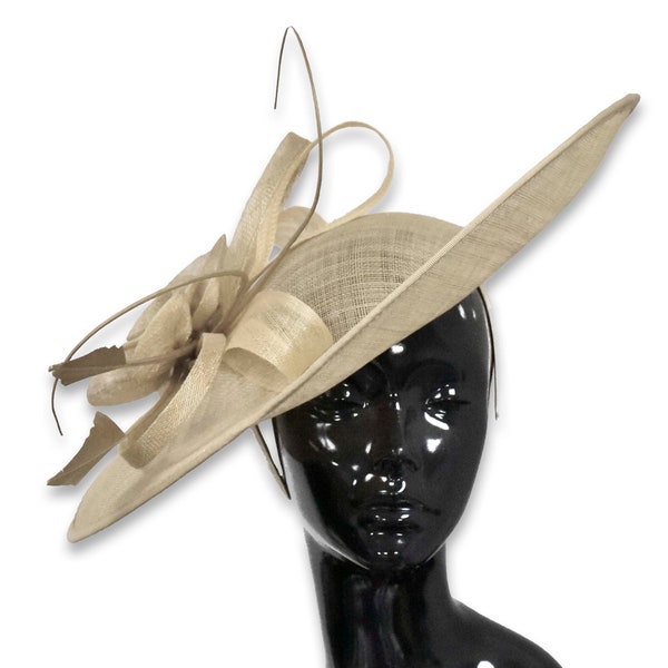 Caprilite 41cm Soucoupe Sinamay Taupe Beige Fascinateur Sur Bandeau Mariage Derby Ascot Races Dames Chapeau Grand