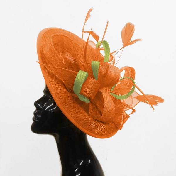 Caprilite Big Saucer Sinamay Orange & Lime Green Mixed Colour Fascinator On Headband Wedding Derby Ascot Races Ladies Hat