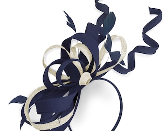 Caprilite Navy en Cream Wedding Swirl Fascinator Hoofdband Alice Band Ascot Races Loop Net