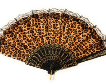 Classic Leopard Print Fan Folding Hand Held Fans with Lace Trim Gift