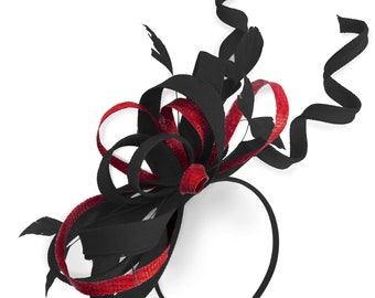 Caprilite Black and Red Scarlet Wedding Swirl Fascinator Headband  Alice Band Ascot Races Loop Net