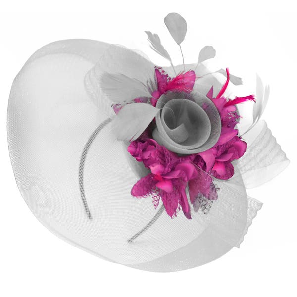 Caprilite Grau Silber und Fuchsia Hot Pink Fascinator auf Stirnband Schleier UK Hochzeit Ascot Rassen Hatinator