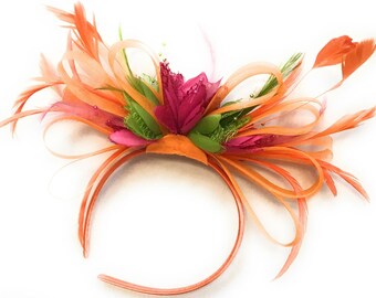 Caprilite Orange, Fuchsia Pink & Lime Green Feathers Fascinator on Headband