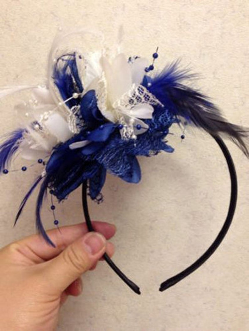 Caprilite Royal Blue and Cream Fascinator Black Headband Clip Comb Flower Corsage image 1