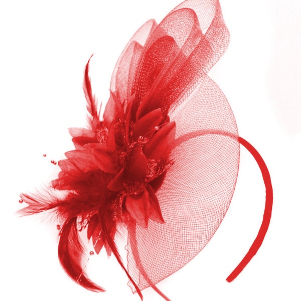 Caprilite Scarlet Red Flower Veil Feathers Fascinator On Headband Wedding