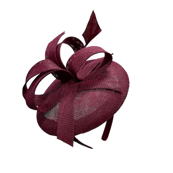 Runder Sinamay Pillbox Stoff Abstrakt Creolen Lange Feder Stirnband Fascinator Hochzeiten Ascot Hatinator Rassen Hut UK - Burgundy Wine Red