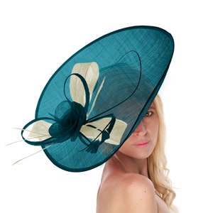 Caprilite 41cm Saucer Sinamay Teal Cream Fascinator On Headband Wedding Derby Ascot Races Ladies Hat Large