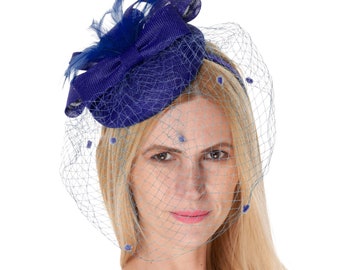 Birdcage Veil Royal Blue Pillbox Bow Sinamay Headband Fascinator Weddings Ascot Hatinator Races