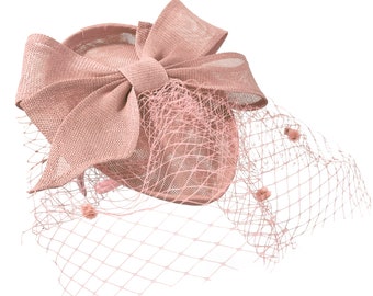 Teardrop Pointed Pillbase Large Bow Fascinator with Birdcage Veil on Headband - Dusty Pink