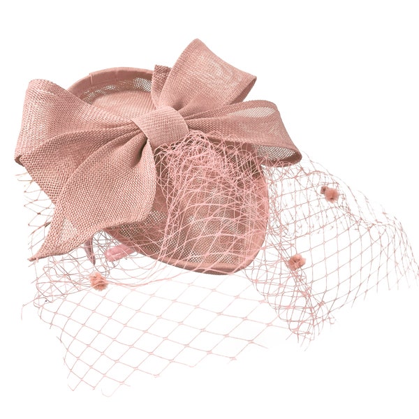 Teardrop Pointed Pillbase Large Bow Fascinator with Birdcage Veil on Headband - Dusty Pink