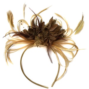 Caprilite Champagne Gold Beige Camel and Coffee Brown Fascinator on Headband Alice Band UK Wedding Ascot Races Derby