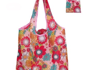 Handmade Extra Large Reusable Foldable Ladies Grocery Shopping Bag Eco Tote Handbag Fold Away Bag UK - Pink Flowers