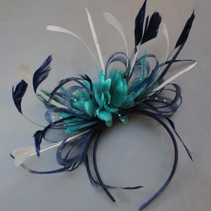 Caprilite Navy Blue Hoop & Turquoise Teal Silver Feathers Fascinator Headband Ascot Wedding