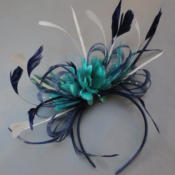 Caprilite Bleu Marine Cerceau & Turquoise Sarcelle Argent Plumes Bibi Bandeau Ascot Mariage