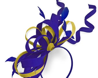 Caprilite Royal Blue and Yellow Wedding Swirl Fascinator Headband  Alice Band Ascot Races Loop Net