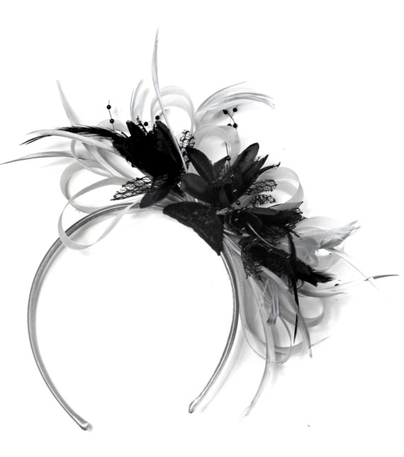 Caprilite Grey Silver \u0026 Black Fascinator on Headband Aliceband UK Wedding Ascot Races Loop