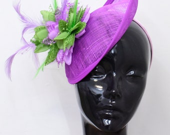 Caprilite Lilac Purple Hoop & Lime Green Feathers Disc Sinamay Fascinator On Headband