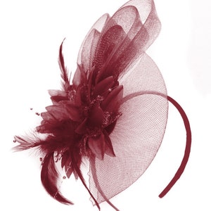 Caprilite Bordeaux Burgundy Flower Veil Feathers Fascinator On Headband Wedding