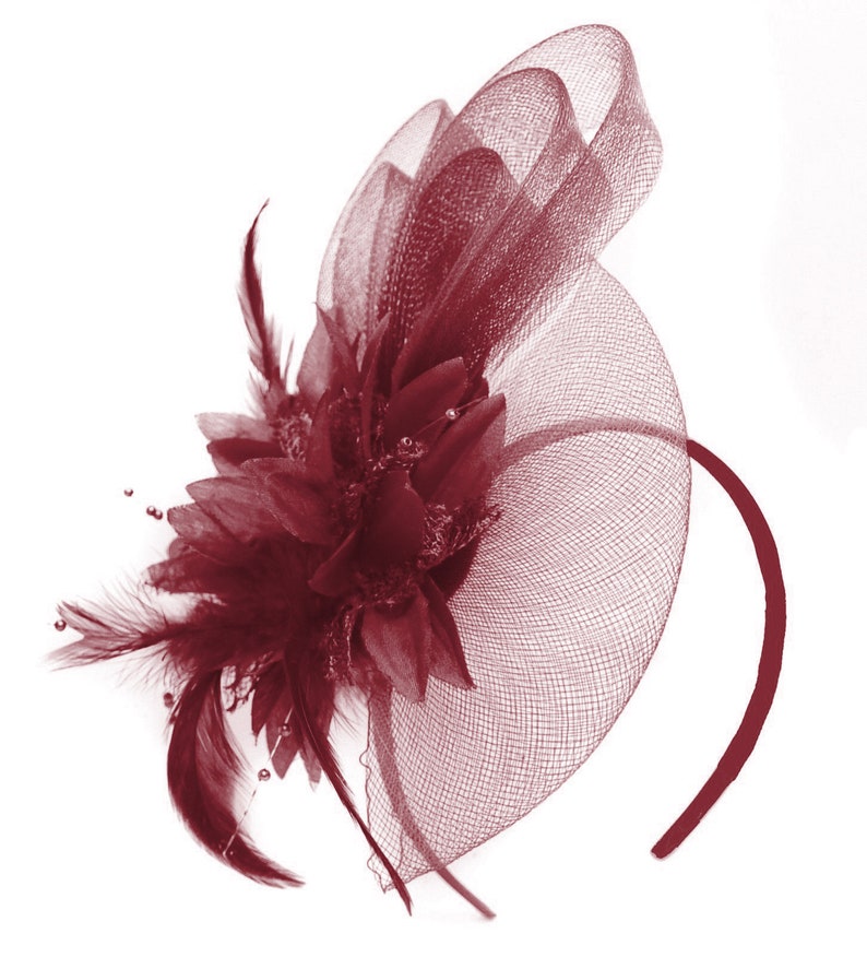 Caprilite Bordeaux Burgundy Flower Veil Feathers Fascinator On Headband Wedding image 1