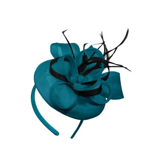 Round Teal and Black Mix Bow Sinamay Headband Fascinator Weddings Ascot Hatinator Races