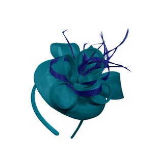 Round Teal and Royal Blue Mix Bow Sinamay Headband Fascinator Weddings Ascot Hatinator Races