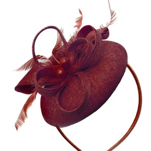 Round Burgundy Pillbox Bow Sinamay Headband Fascinator Weddings Ascot Hatinator Races