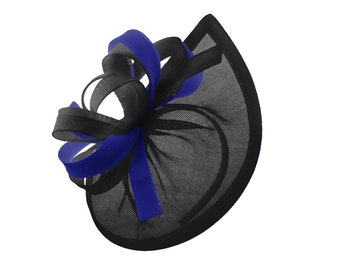 Caprilite Vegan MoonMix Hoop Fascinator Hat on Headband Wedding Ascot Races Bespoke Sinamay Disc - Black RoyalBlue